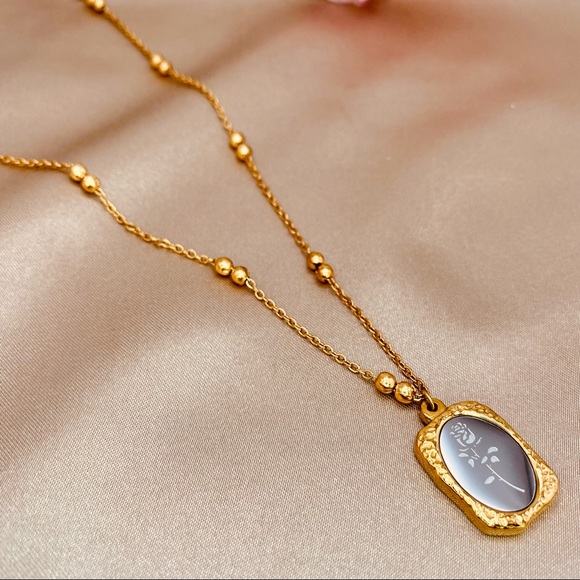 18K Gold PVD Coating Mirror Effect Rose Pendant Beaded Dainty Chain Necklace - Picture 3 of 13